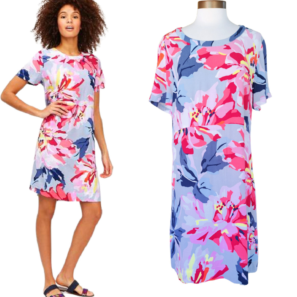 Joules Krista Floral Print Crepe Shift Dress Size 14 Short Sleeve Blue Pink